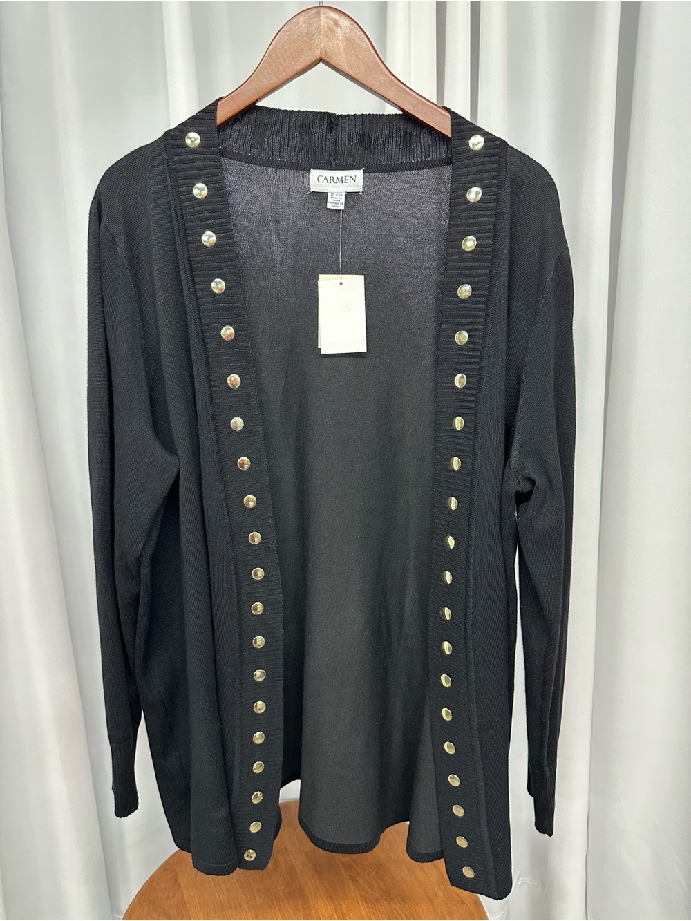 Carmen Marc Valvo Black Open Cardigan with Gold Stud Trim Womens XL